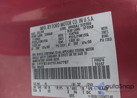 1999 Ford Ranger Xl/Xlt from USA, damaged, VIN 1FTYR14V7XTA67787